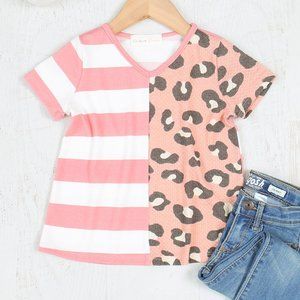 KIDS STRIPES LEOPARD CONTRAST V-NECK TOP-